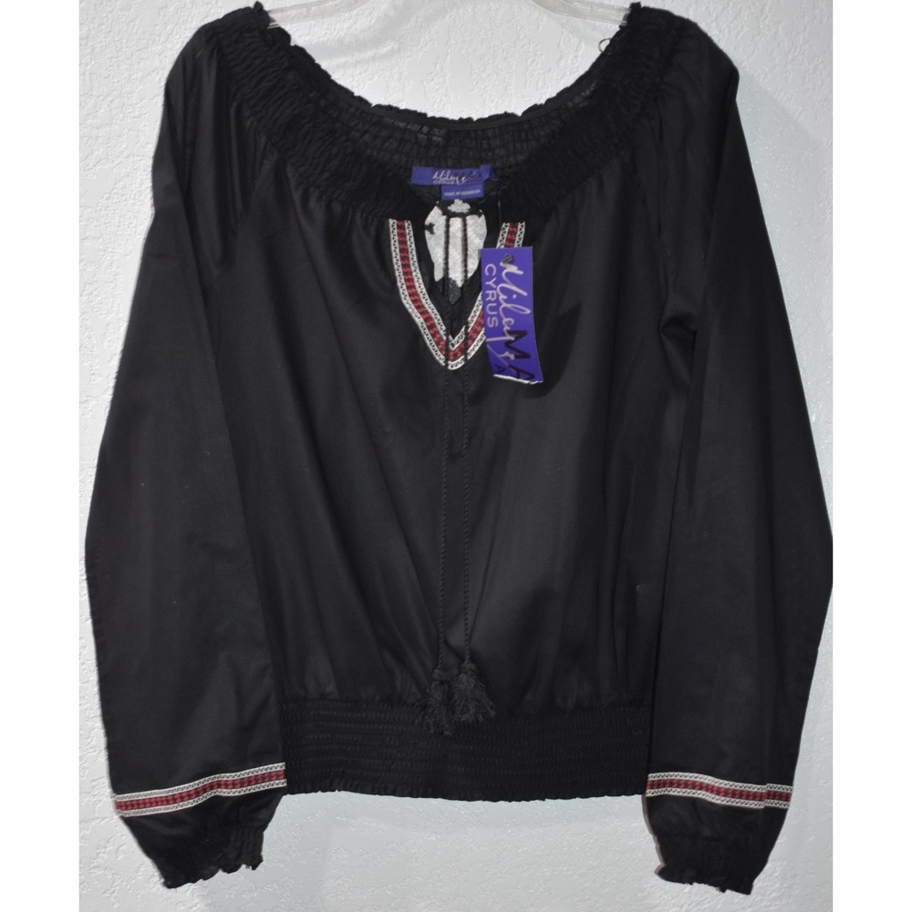 Black Embroidered Smocked Peasant Top Sz L Semi Sheer NEW Miley Cyrus Max Azria